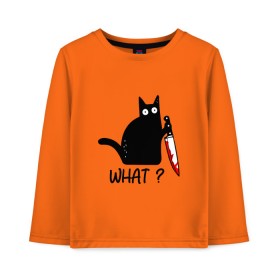 Детский лонгслив хлопок с принтом What cat в городе Новоалтайск, 100% хлопок | круглый вырез горловины, полуприлегающий силуэт, длина до линии бедер | Тематика изображения на принте: cat | kitten | knife | what | кот | котёнок | кошка | кровь | нож | что