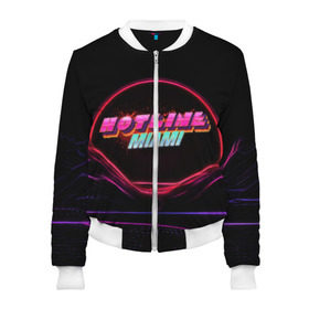 Женский бомбер 3D с принтом Hotline miami(neon) в городе Новоалтайск, 100% полиэстер | застегивается на молнию, по бокам два кармана без застежек, мягкие манжеты, по низу бомбера и на воротнике — эластичная резинка | 2d игры | game | hotline miam | neon | retrowave | в подарок | игра | надпись | неон | фанатам | хотлайн маями