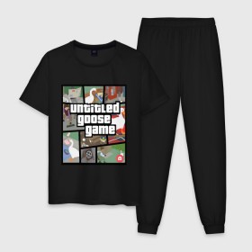 Мужская пижама хлопок с принтом untitled goose + GTA в городе Новоалтайск, 100% хлопок | брюки и футболка прямого кроя, без карманов, на брюках мягкая резинка на поясе и по низу штанин
 | game | goose | gta | untitled | videogame | видеоигры | гта | гусь | игры | мем