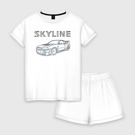 Женская пижама с шортиками хлопок с принтом Nissan Skyline GTR R34 в городе Новоалтайск, 100% хлопок | футболка прямого кроя, шорты свободные с широкой мягкой резинкой | bnr | drag | drift | godzila | gtr | gtr r34 | jdm | nisan | nismo | nissan gtr | nur spec | r34 | r34 gtr | rb26 | sky | sky gtr | skyline | skyline34 | авто | гонки | ждм | нисан | ниссан | скайлайн