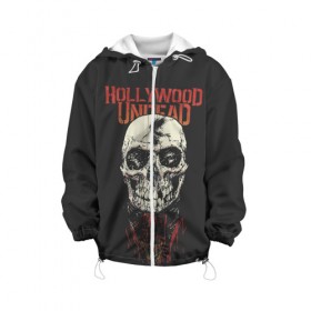 Детская куртка 3D с принтом Hollywood Undead в городе Новоалтайск, 100% полиэстер | застежка — молния, подол и капюшон оформлены резинкой с фиксаторами, по бокам — два кармана без застежек, один потайной карман на груди, плотность верхнего слоя — 90 г/м2; плотность флисового подклада — 260 г/м2 | hollywood | logo | mask | rap | rock | skull | undead | голливуд | лого | логотип | маски | нежить | реп | рок | рэп | череп | черепа