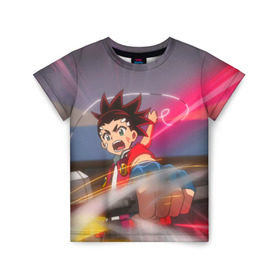 Детская футболка 3D с принтом Beyblade Burst Turbo в городе Новоалтайск, 100% гипоаллергенный полиэфир | прямой крой, круглый вырез горловины, длина до линии бедер, чуть спущенное плечо, ткань немного тянется | beyblade burst | evolution | valt | бейгома | блэйд | вальт аои | вкладыши | волчки | волчок | эволюшн