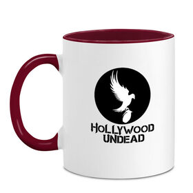 Кружка двухцветная с принтом HOLLYWOOD UNDEAD в городе Новоалтайск, керамика | объем — 330 мл, диаметр — 80 мм. Цветная ручка и кайма сверху, в некоторых цветах — вся внутренняя часть | deuce | hollywood undead | hu | j dog | shady jeff | голивудская нежить | голливуд | даниэль мурильо | джордан террелл | джордж артур рейган | дилан альварес | мэттью сент клер | нежить