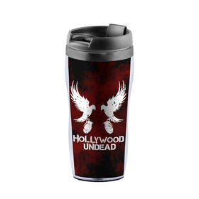 Термокружка-непроливайка с принтом HOLLYWOOD UNDEAD в городе Новоалтайск, внутренняя часть — пищевой пластик, наружная часть — прозрачный пластик, между ними — полиграфическая вставка с рисунком | объем — 350 мл, герметичная крышка | deuce | hollywood undead | hu | j dog | shady jeff | голивудская нежить | голливуд | даниэль мурильо | джордан террелл | джордж артур рейган | дилан альварес | мэттью сент клер | нежить