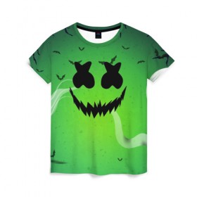 Женская футболка 3D с принтом MARSHMELLO HALLOWEEN в городе Новоалтайск, 100% полиэфир ( синтетическое хлопкоподобное полотно) | прямой крой, круглый вырез горловины, длина до линии бедер | america | dj | halloween | marshmello | marshmello halloween | usa | америка | маршмелло | маршмелло хеллоуин | хеллоуин | хэллоуин