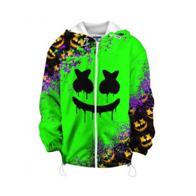 Детская куртка 3D с принтом MARSHMELLO HALLOWEEN в городе Новоалтайск, 100% полиэстер | застежка — молния, подол и капюшон оформлены резинкой с фиксаторами, по бокам — два кармана без застежек, один потайной карман на груди, плотность верхнего слоя — 90 г/м2; плотность флисового подклада — 260 г/м2 | america | dj | halloween | marshmello | marshmello halloween | usa | америка | маршмелло | маршмелло хеллоуин | хеллоуин | хэллоуин
