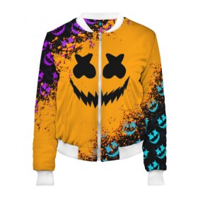 Женский бомбер 3D с принтом MARSHMELLO HALLOWEEN в городе Новоалтайск, 100% полиэстер | застегивается на молнию, по бокам два кармана без застежек, мягкие манжеты, по низу бомбера и на воротнике — эластичная резинка | america | dj | halloween | marshmello | marshmello halloween | usa | америка | маршмелло | маршмелло хеллоуин | хеллоуин | хэллоуин