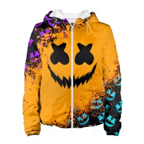 Женская куртка 3D с принтом MARSHMELLO HALLOWEEN в городе Новоалтайск, ткань верха — 100% полиэстер, подклад — флис | прямой крой, подол и капюшон оформлены резинкой с фиксаторами, два кармана без застежек по бокам, один большой потайной карман на груди. Карман на груди застегивается на липучку | america | dj | halloween | marshmello | marshmello halloween | usa | америка | маршмелло | маршмелло хеллоуин | хеллоуин | хэллоуин