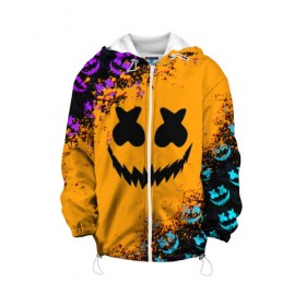 Детская куртка 3D с принтом MARSHMELLO HALLOWEEN в городе Новоалтайск, 100% полиэстер | застежка — молния, подол и капюшон оформлены резинкой с фиксаторами, по бокам — два кармана без застежек, один потайной карман на груди, плотность верхнего слоя — 90 г/м2; плотность флисового подклада — 260 г/м2 | america | dj | halloween | marshmello | marshmello halloween | usa | америка | маршмелло | маршмелло хеллоуин | хеллоуин | хэллоуин