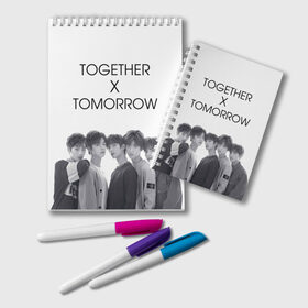 Блокнот с принтом TOMORROW X TOGETHER в городе Новоалтайск, 100% бумага | 48 листов, плотность листов — 60 г/м2, плотность картонной обложки — 250 г/м2. Листы скреплены удобной пружинной спиралью. Цвет линий — светло-серый
 | beomgyu | hueningkai | k pop | korean | kpop | soobin | taehyun | tomorrow x together | txt | yeonjun | бомгю | ёнджун | корея | поп | субин | техен | тэхён | хюнин кай