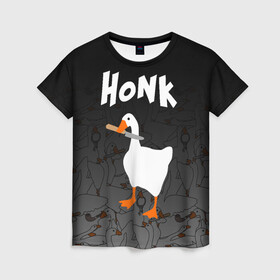 Женская футболка 3D с принтом Untitled Goose Game в городе Новоалтайск, 100% полиэфир ( синтетическое хлопкоподобное полотно) | прямой крой, круглый вырез горловины, длина до линии бедер | goose | goose game | honk | untitled goose game | гусь | гусь игра | злой гусь | игра про гуся | кря | отвратительный гусь