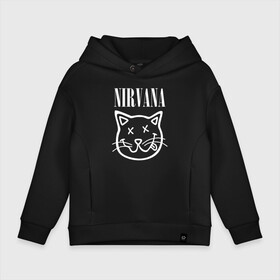 Детское худи Oversize хлопок с принтом NIRVANA в городе Новоалтайск, френч-терри — 70% хлопок, 30% полиэстер. Мягкий теплый начес внутри —100% хлопок | боковые карманы, эластичные манжеты и нижняя кромка, капюшон на магнитной кнопке | Тематика изображения на принте: cat | kitty | nirvana | smile | кот | курт кобейн | нирвана | смайл