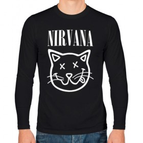 Мужской лонгслив хлопок с принтом NIRVANA в городе Новоалтайск, 100% хлопок |  | cat | kitty | nirvana | smile | кот | курт кобейн | нирвана | смайл