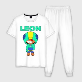 Мужская пижама хлопок с принтом Brawl Stars LEON в городе Новоалтайск, 100% хлопок | брюки и футболка прямого кроя, без карманов, на брюках мягкая резинка на поясе и по низу штанин
 | brawl | brawl stars | crow | leon | stars | бравл | бравл старс | браво старс | игра | компьютерная | кров | леон | онлайн | старс