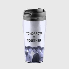 Термокружка-непроливайка с принтом TOMORROW X TOGETHER в городе Новоалтайск, внутренняя часть — пищевой пластик, наружная часть — прозрачный пластик, между ними — полиграфическая вставка с рисунком | объем — 350 мл, герметичная крышка | k pop | kpop | together | tomorrow | tomorrow x together | txt | к поп | кей | кейпоп | кпоп | поп