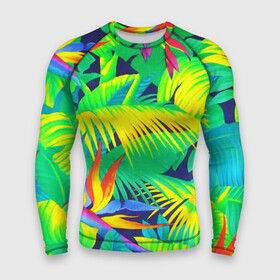 Мужской рашгард 3D с принтом ТРОПИКИ в городе Новоалтайск,  |  | bright | colorful | neon | retro | vintage | винтаж | неон | неоновые | пальмы | ретро | ретро неон | тропики | тропические листья