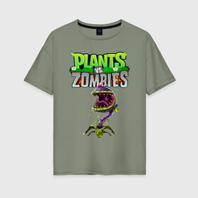 Женская футболка хлопок Oversize с принтом Plants vs. Zombies в городе Новоалтайск, 100% хлопок | свободный крой, круглый ворот, спущенный рукав, длина до линии бедер
 | battle | game | plants vs zombies | plants vs zombies battle for neighborville | zombie | битва | битва за нейборвиль | зомби | игра | линии | надпись | растения | растения против зомби