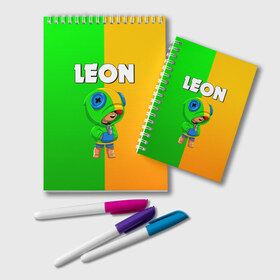 Блокнот с принтом BRAWL STARS LEON в городе Новоалтайск, 100% бумага | 48 листов, плотность листов — 60 г/м2, плотность картонной обложки — 250 г/м2. Листы скреплены удобной пружинной спиралью. Цвет линий — светло-серый
 | Тематика изображения на принте: brawl stars | bull | colt | crow | leon | stars | берли | бо | брок | ворон | джесси | динамайк | дэррил | кольт | леон | мортис | нита | пайпер | пенни | поко | пэм | рикошет | спайк | фрэнк | шелли | эль примо