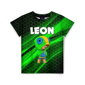 Детская футболка 3D с принтом BRAWL STARS LEON в городе Новоалтайск, 100% гипоаллергенный полиэфир | прямой крой, круглый вырез горловины, длина до линии бедер, чуть спущенное плечо, ткань немного тянется | Тематика изображения на принте: brawl stars | bull | colt | crow | leon | stars | берли | бо | брок | ворон | джесси | динамайк | дэррил | кольт | леон | мортис | нита | пайпер | пенни | поко | пэм | рикошет | спайк | фрэнк | шелли | эль примо