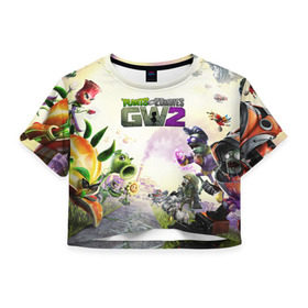 Женская футболка Cropp-top с принтом PLANTS VS ZOMBIES в городе Новоалтайск, 100% полиэстер | круглая горловина, длина футболки до линии талии, рукава с отворотами | garden warfare | pl | plants | plants vs. zombies | plants vs. zombies: garden warfare | popcap | zombies | кактус | картошка | подсолнух | растения против зомби | сад