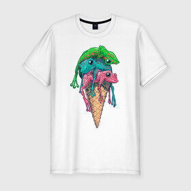 Мужская футболка хлопок Slim с принтом IceCream в городе Новоалтайск, 92% хлопок, 8% лайкра | приталенный силуэт, круглый вырез ворота, длина до линии бедра, короткий рукав | cold | frog | frogs | horn | ice cream | summer | toad | winter | жаба | жабы | зима | картинка | картинки | лето | лягушка | лягушки | мороженное | мороженое | рожок | холодно