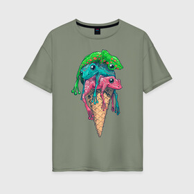Женская футболка хлопок Oversize с принтом IceCream в городе Новоалтайск, 100% хлопок | свободный крой, круглый ворот, спущенный рукав, длина до линии бедер
 | cold | frog | frogs | horn | ice cream | summer | toad | winter | жаба | жабы | зима | картинка | картинки | лето | лягушка | лягушки | мороженное | мороженое | рожок | холодно