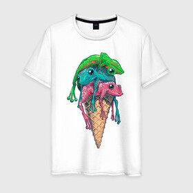 Мужская футболка хлопок с принтом IceCream в городе Новоалтайск, 100% хлопок | прямой крой, круглый вырез горловины, длина до линии бедер, слегка спущенное плечо. | cold | frog | frogs | horn | ice cream | summer | toad | winter | жаба | жабы | зима | картинка | картинки | лето | лягушка | лягушки | мороженное | мороженое | рожок | холодно
