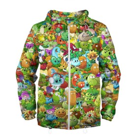 Мужская ветровка 3D с принтом PLANTS VS ZOMBIES в городе Новоалтайск, 100% полиэстер | подол и капюшон оформлены резинкой с фиксаторами, два кармана без застежек по бокам, один потайной карман на груди | Тематика изображения на принте: game | gamer | pattern | plants vs zombies | sticker | зомби | игры | паттерн | растения | растения против зомби | стикеры