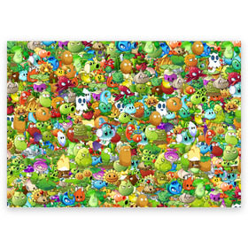Поздравительная открытка с принтом PLANTS VS ZOMBIES в городе Новоалтайск, 100% бумага | плотность бумаги 280 г/м2, матовая, на обратной стороне линовка и место для марки
 | Тематика изображения на принте: game | gamer | pattern | plants vs zombies | sticker | зомби | игры | паттерн | растения | растения против зомби | стикеры