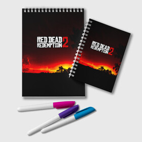 Блокнот с принтом RDR 2 в городе Новоалтайск, 100% бумага | 48 листов, плотность листов — 60 г/м2, плотность картонной обложки — 250 г/м2. Листы скреплены удобной пружинной спиралью. Цвет линий — светло-серый
 | Тематика изображения на принте: arthur morgan | cowboy | online | red dead online | red dead redemption 2 | rockstar games | wild west | артур морган | бандит | вестерн | винтовка | дикий запад | ковбой | рокстар