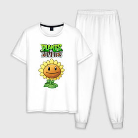 Мужская пижама хлопок с принтом PLANTS VS ZOMBIES в городе Новоалтайск, 100% хлопок | брюки и футболка прямого кроя, без карманов, на брюках мягкая резинка на поясе и по низу штанин
 | battle | plants | plants vs zombies | pvsz | vs | zombies | растения против зомби
