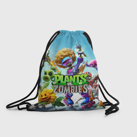 Рюкзак-мешок 3D с принтом PLANTS VS ZOMBIES в городе Новоалтайск, 100% полиэстер | плотность ткани — 200 г/м2, размер — 35 х 45 см; лямки — толстые шнурки, застежка на шнуровке, без карманов и подкладки | Тематика изображения на принте: battle | plants | plants vs zombies | pvsz | vs | zombies | растения против зомби