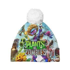 Шапка 3D c помпоном с принтом PLANTS VS ZOMBIES в городе Новоалтайск, 100% полиэстер | универсальный размер, печать по всей поверхности изделия | Тематика изображения на принте: battle | plants | plants vs zombies | pvsz | vs | zombies | растения против зомби