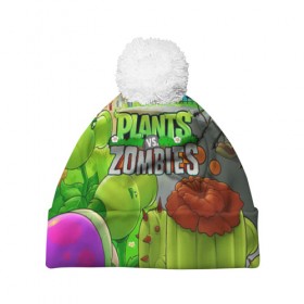 Шапка 3D c помпоном с принтом PLANTS VS ZOMBIES в городе Новоалтайск, 100% полиэстер | универсальный размер, печать по всей поверхности изделия | battle | plants | plants vs zombies | pvsz | vs | zombies | растения против зомби