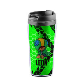 Термокружка-непроливайка с принтом BRAWL STARS LEON в городе Новоалтайск, внутренняя часть — пищевой пластик, наружная часть — прозрачный пластик, между ними — полиграфическая вставка с рисунком | объем — 350 мл, герметичная крышка | android | brawl stars | games | leon | mobile game | stars | игры | леон | мобильные игры
