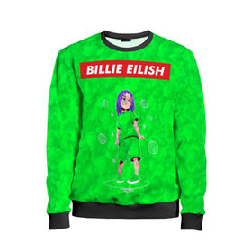Детский свитшот 3D с принтом BILLIE EILISH GREEN в городе Новоалтайск, 100% полиэстер | свободная посадка, прямой крой, мягкая тканевая резинка на рукавах и понизу свитшота | bad guy | billie | eilish | ocean eyes | айлиш | билли | девушка | певица | эйлиш