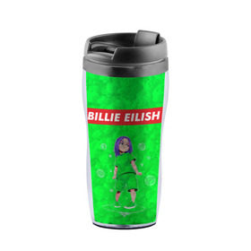 Термокружка-непроливайка с принтом BILLIE EILISH GREEN в городе Новоалтайск, внутренняя часть — пищевой пластик, наружная часть — прозрачный пластик, между ними — полиграфическая вставка с рисунком | объем — 350 мл, герметичная крышка | bad guy | billie | eilish | ocean eyes | айлиш | билли | девушка | певица | эйлиш