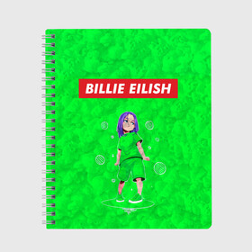 Тетрадь с принтом BILLIE EILISH GREEN в городе Новоалтайск, 100% бумага | 48 листов, плотность листов — 60 г/м2, плотность картонной обложки — 250 г/м2. Листы скреплены сбоку удобной пружинной спиралью. Уголки страниц и обложки скругленные. Цвет линий — светло-серый
 | Тематика изображения на принте: bad guy | billie | eilish | ocean eyes | айлиш | билли | девушка | певица | эйлиш