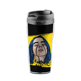Термокружка-непроливайка с принтом BILLIE EILISH в городе Новоалтайск, внутренняя часть — пищевой пластик, наружная часть — прозрачный пластик, между ними — полиграфическая вставка с рисунком | объем — 350 мл, герметичная крышка | bad guy | billie | eilish | ocean eyes | айлиш | билли | девушка | певица | эйлиш