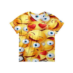 Детская футболка 3D с принтом emoji в городе Новоалтайск, 100% гипоаллергенный полиэфир | прямой крой, круглый вырез горловины, длина до линии бедер, чуть спущенное плечо, ткань немного тянется | emoji | настроение | позитив | смайлики | смайлы | стикеры | текстура смайл | улыбки | фон смайл | эмодзи