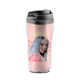 Термокружка-непроливайка с принтом BILLIE EILISH в городе Новоалтайск, внутренняя часть — пищевой пластик, наружная часть — прозрачный пластик, между ними — полиграфическая вставка с рисунком | объем — 350 мл, герметичная крышка | bad guy | billie | eilish | ocean eyes | айлиш | билли | девушка | певица | эйлиш
