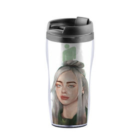 Термокружка-непроливайка с принтом BILLIE EILISH в городе Новоалтайск, внутренняя часть — пищевой пластик, наружная часть — прозрачный пластик, между ними — полиграфическая вставка с рисунком | объем — 350 мл, герметичная крышка | Тематика изображения на принте: bad guy | billie | eilish | ocean eyes | айлиш | билли | девушка | певица | эйлиш