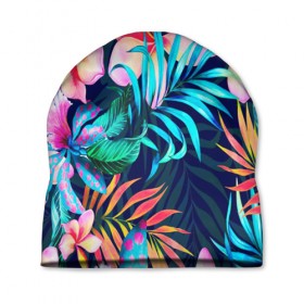 Шапка 3D с принтом TROPIC FLOWER в городе Новоалтайск, 100% полиэстер | универсальный размер, печать по всей поверхности изделия | bright | colorful | neon | retro | vintage | винтаж | неон | неоновые | пальмы | ретро | ретро неон | тропики | тропические листья