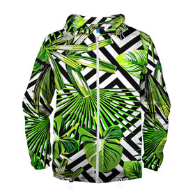 Мужская ветровка 3D с принтом TROPIC TEXTURE в городе Новоалтайск, 100% полиэстер | подол и капюшон оформлены резинкой с фиксаторами, два кармана без застежек по бокам, один потайной карман на груди | bright | colorful | neon | retro | vintage | винтаж | неон | неоновые | пальмы | ретро | ретро неон | тропики | тропические листья