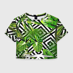 Женская футболка Cropp-top с принтом TROPIC TEXTURE в городе Новоалтайск, 100% полиэстер | круглая горловина, длина футболки до линии талии, рукава с отворотами | bright | colorful | neon | retro | vintage | винтаж | неон | неоновые | пальмы | ретро | ретро неон | тропики | тропические листья