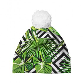 Шапка 3D c помпоном с принтом TROPIC TEXTURE в городе Новоалтайск, 100% полиэстер | универсальный размер, печать по всей поверхности изделия | bright | colorful | neon | retro | vintage | винтаж | неон | неоновые | пальмы | ретро | ретро неон | тропики | тропические листья
