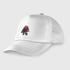 Детская кепка тракер с принтом Deep Rock Galactic в городе Новоалтайск, Козырек - 100% хлопок. Кепка - 100% полиэстер, Задняя часть - сетка | универсальный размер, пластиковая застёжка | Тематика изображения на принте: deep rock galactic dwarf гном