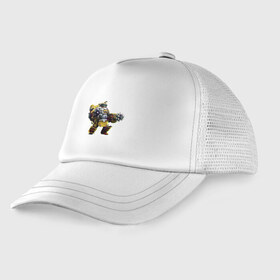 Детская кепка тракер с принтом Deep Rock Galactic в городе Новоалтайск, Козырек - 100% хлопок. Кепка - 100% полиэстер, Задняя часть - сетка | универсальный размер, пластиковая застёжка | Тематика изображения на принте: deep rock galactic dwarf гном