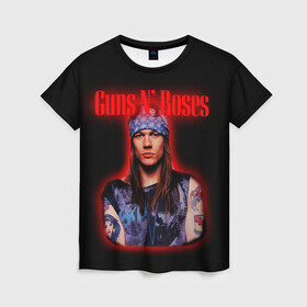 Женская футболка 3D с принтом Guns n roses + Спина  в городе Новоалтайск, 100% полиэфир ( синтетическое хлопкоподобное полотно) | прямой крой, круглый вырез горловины, длина до линии бедер | axl rose | geffen records | gnr | guns | rock | roses | slash | гансы | пистолеты | розы | рок | слеш | эксл роуз