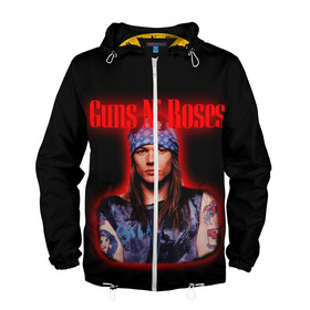 Мужская ветровка 3D с принтом Guns n roses + Спина  в городе Новоалтайск, 100% полиэстер | подол и капюшон оформлены резинкой с фиксаторами, два кармана без застежек по бокам, один потайной карман на груди | axl rose | geffen records | gnr | guns | rock | roses | slash | гансы | пистолеты | розы | рок | слеш | эксл роуз